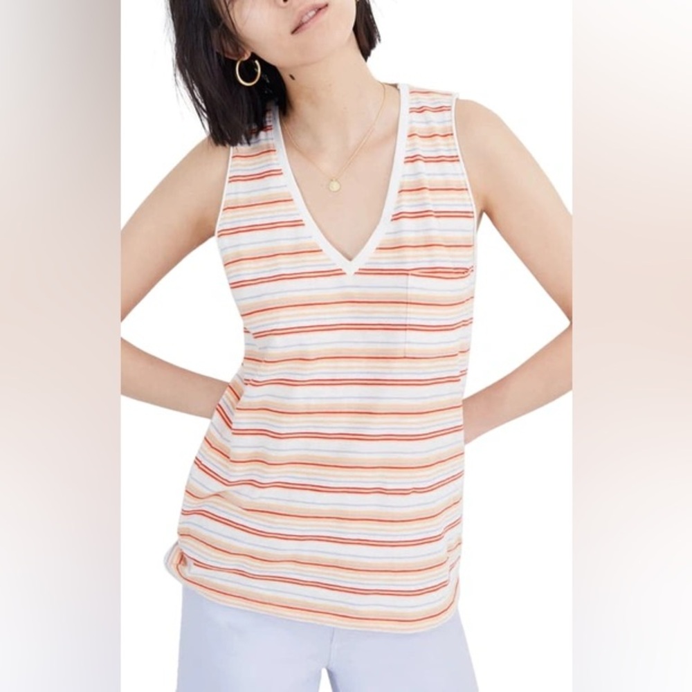 Madewell Orange Whisper Cotton V-Neck Pocket Tank in Fieldgate Stripe
